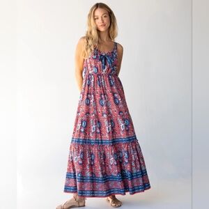 Natural Life Isabella Red Blue Floral Boho Cotton Maxi Dress Women's Small